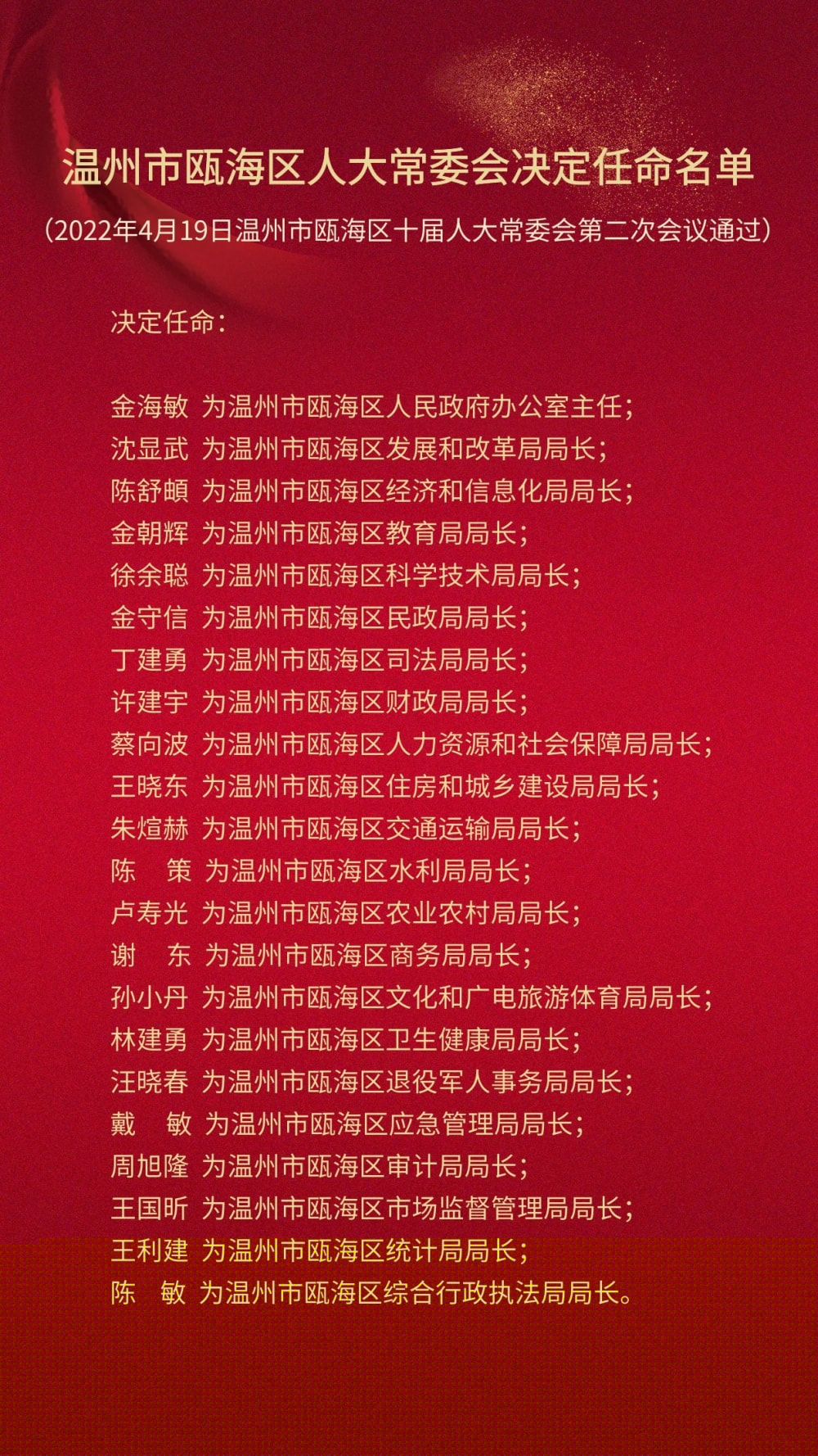 甌海最新人事任免，陳曉領(lǐng)銜，新篇章開啟